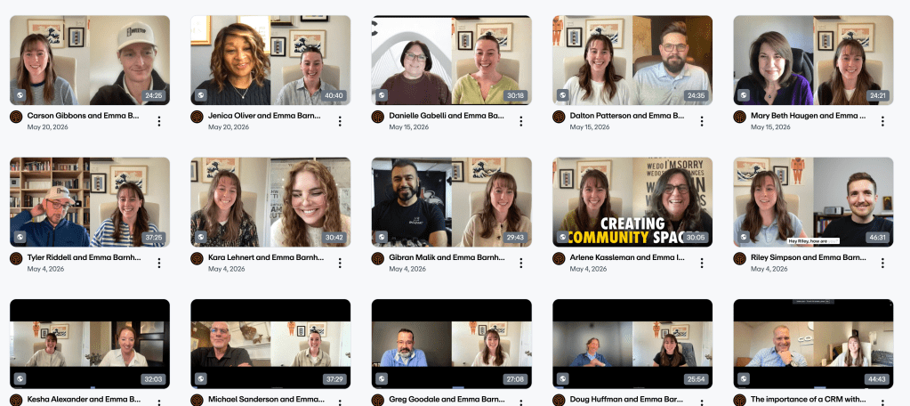 Screenshot of a Vimeo video library featuring 20 recorded founder, executive, and professional interviews completed during Q2 2026. The interview thumbnails show virtual conversations with business leaders, entrepreneurs, and industry professionals across multiple sectors.